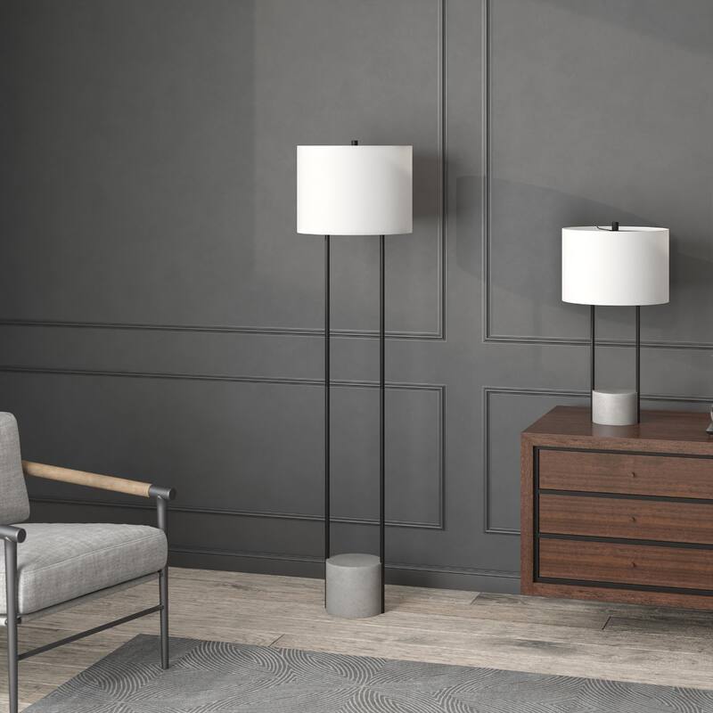 65" Black Column Floor Lamp with White Drum Fabric Shade and Frosted Glass Smart Plug-In Light - 65" H x 16" W x 16" D
