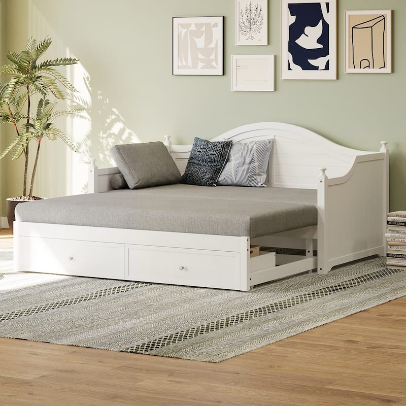 Wood Daybed with Extended Pop Up Trundle and Storage Drawers