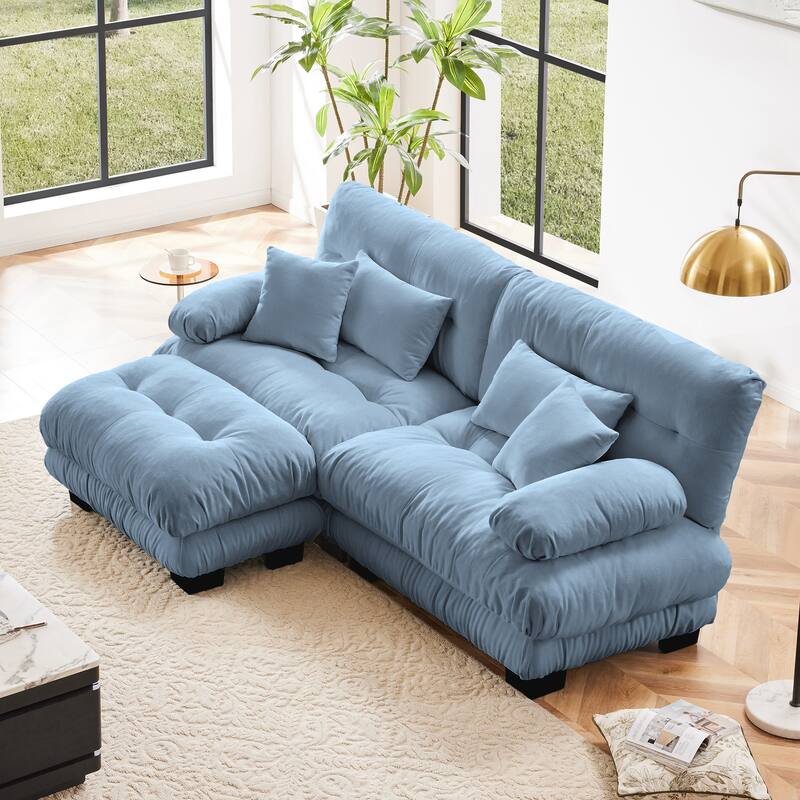 94.4" Chenille Cloud Sofa with Convertible Ottoman - Blue