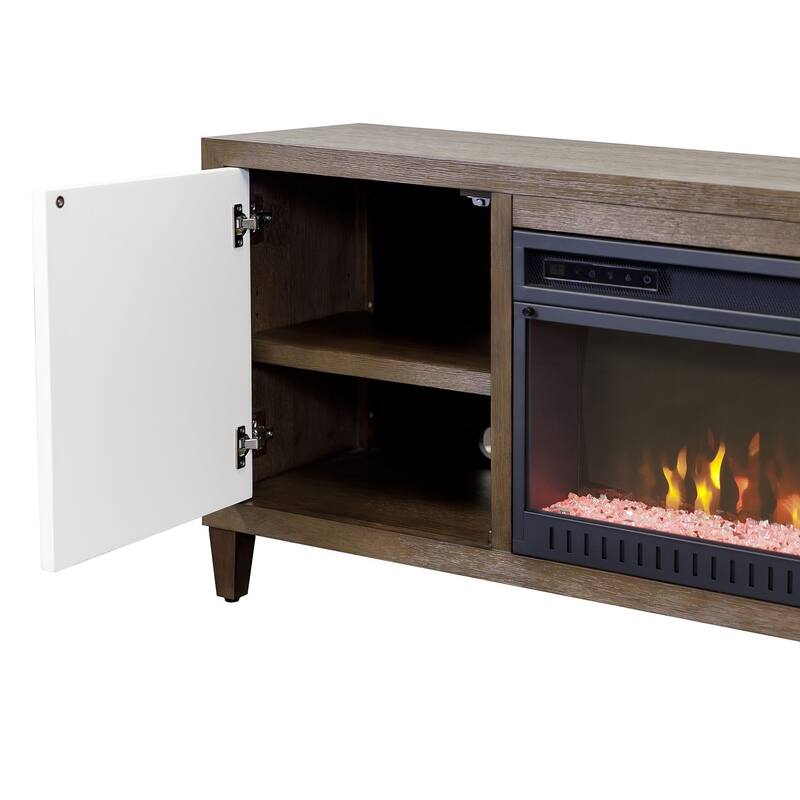 Modern Wood 81" Fireplace Console with with doors, TV Stand, Entertainment Storage, Fully Assembled, Brown