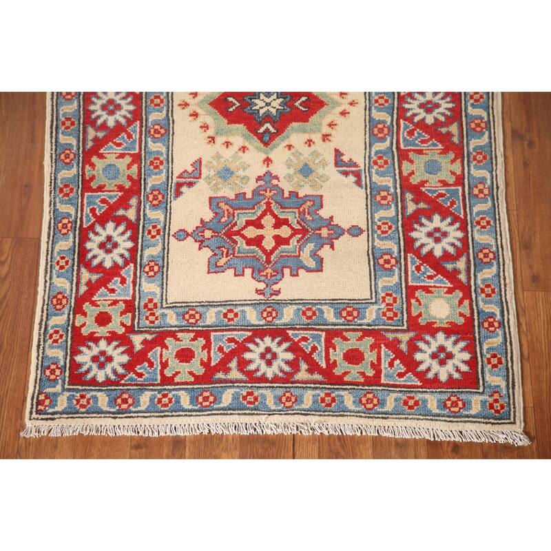 Geometric Grey Kazak Foyer Rug Hand-Knotted Wool Carpet - 2'6" x 3'11"
