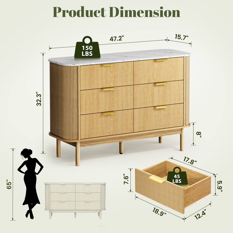 47" Wooden Buffet Cabinet Curved Profile Design With Faux Marble Top & Fluted Chest Of Drawers