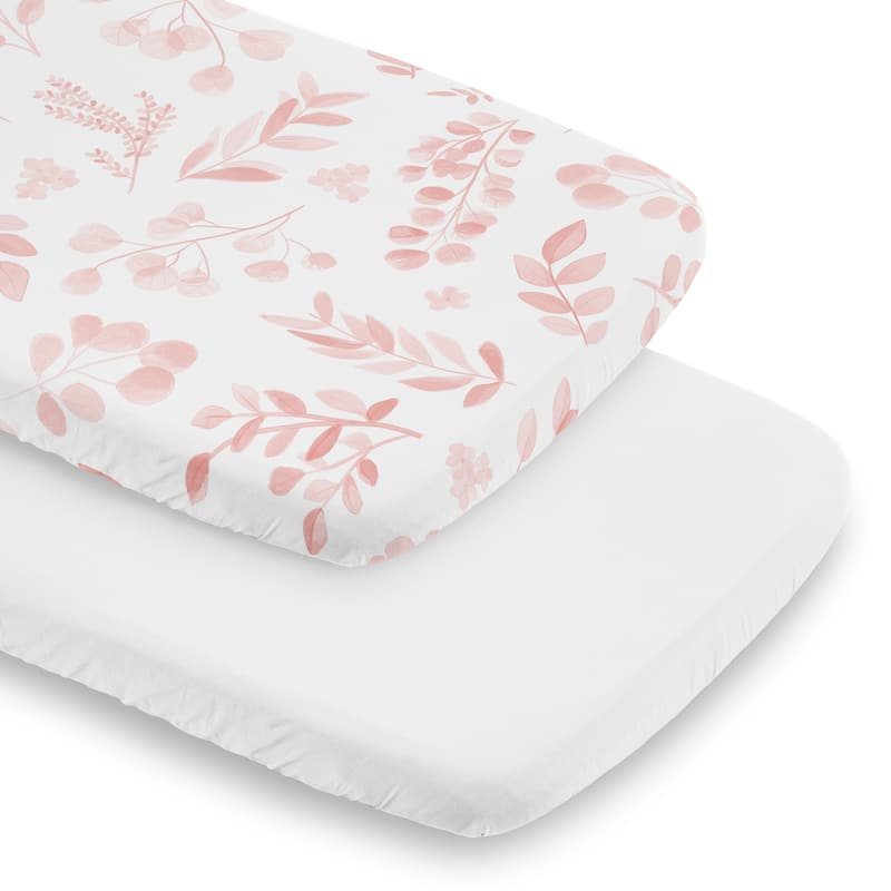 Sweet Jojo Designs Boho Floral Leaf Girl 2 Pack Baby Bassinet Fitted Sheets White and Pink Chic Bohemian Watercolor Botanical