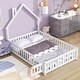 preview thumbnail 3 of 7, Full Size House-Shaped Headboard Floor Bed with Fence Guardrails and Door, Features Pine Wood Construction