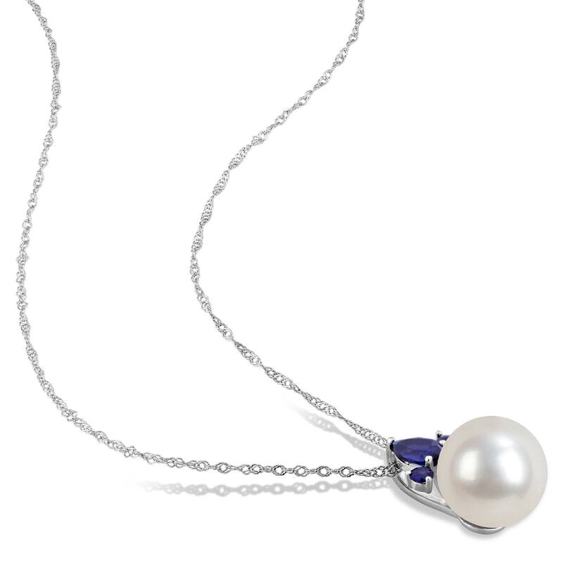 Miadora Cultured Freshwater Pearl and Gemstone Necklace White or Yellow 14k Gold - Blue
