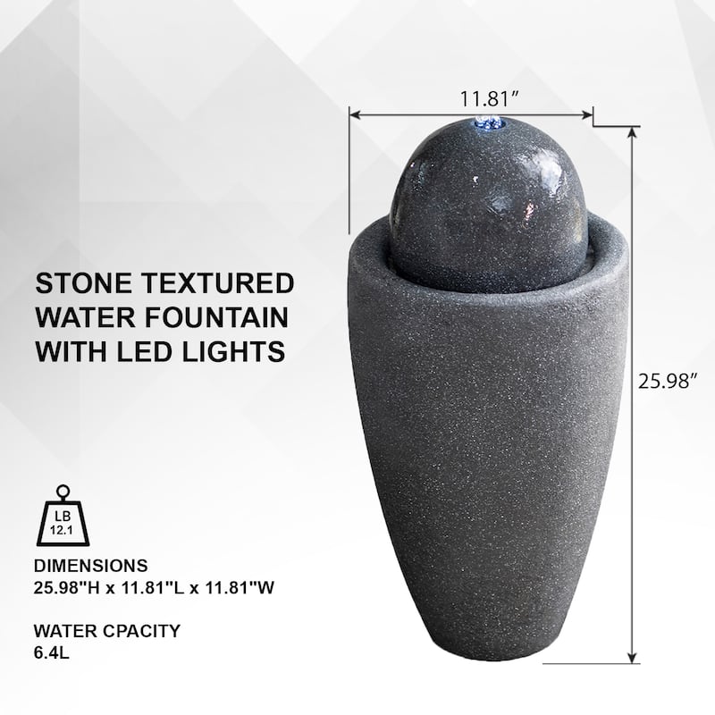 XBrand 25.98"H Modern Round Stone Textured Sphere Water Fountain w/LED Lights, For Indoor/Outdoor, Ball Water Fountain