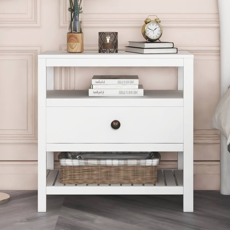 Wooden Nightstand with Drawers Storage - White