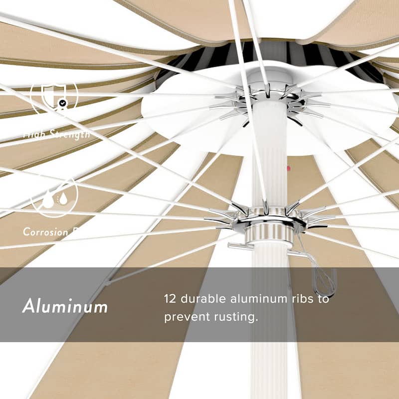 California Umbrella 8.5' Pagoda Series Patio Umbrella White Aluminum Pole Push Lift Sunbrella Natural and Pacific Blue