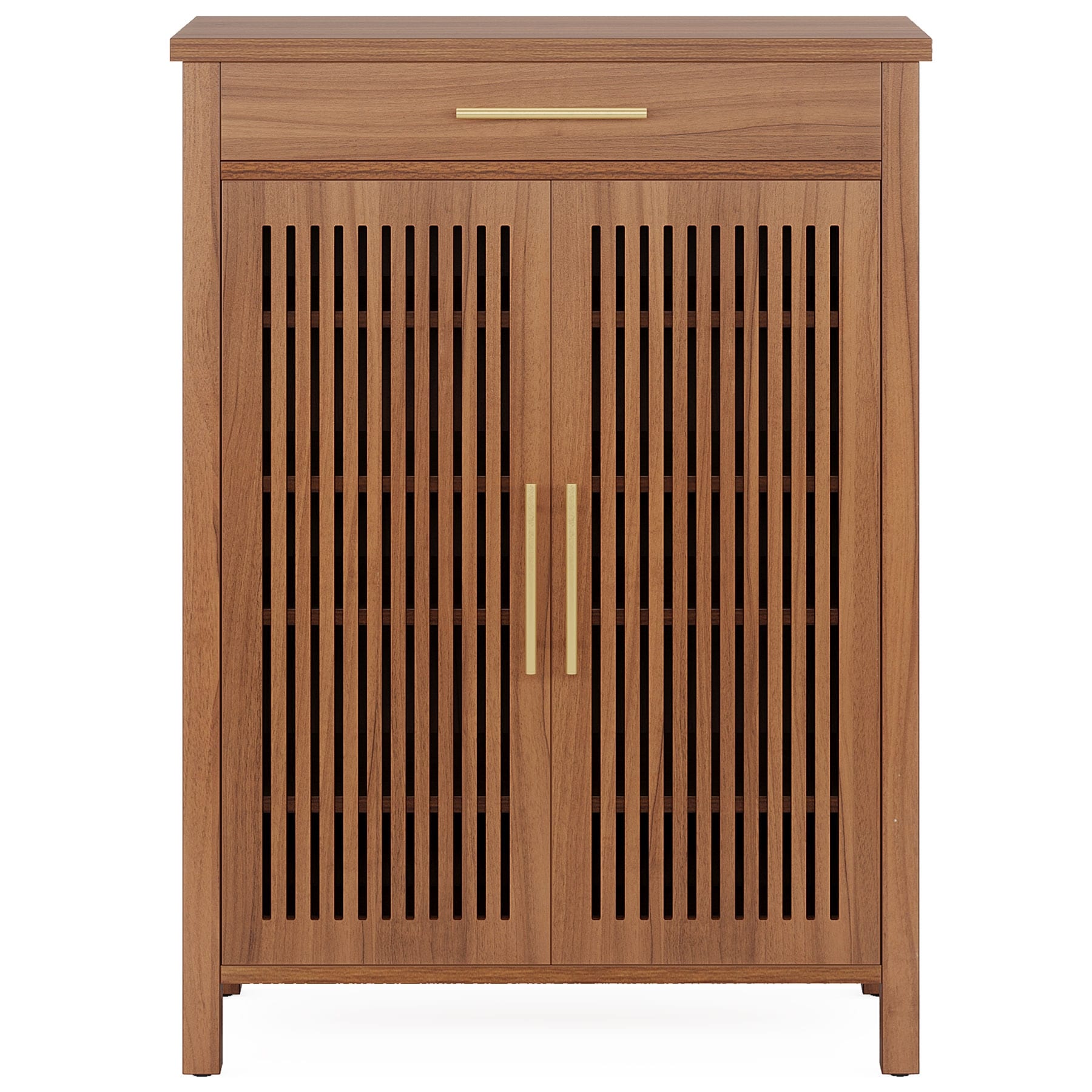 Shoe Cabinet with Louvered Doors & Drawer, Freestanding Wooden Shoe Rack for Entryway