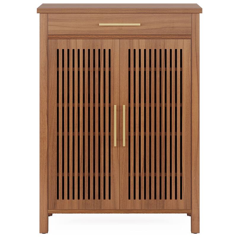 Shoe Cabinet with Louvered Doors & Drawer, Freestanding Wooden Shoe Rack for Entryway