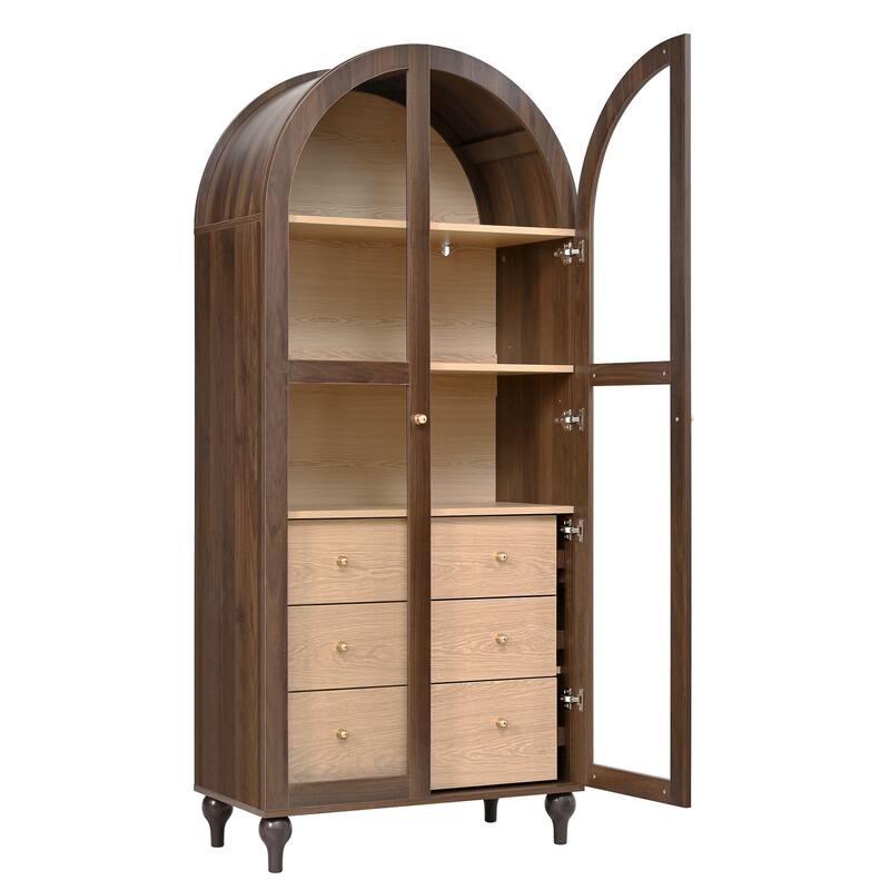 Christopher Knight Home - Farmhouse Arched Wood Kitchen Pantry Cabinet with Glass Doors & Hidden Drawers