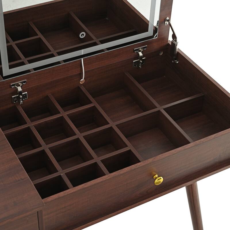 3-in-1 Vanity Desk with Lighted Flip-Top Mirror & Retractable Side Cabinet, Vanity Set with Stool & Storage Drawers