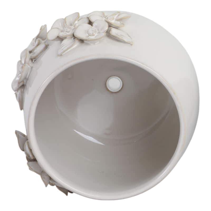 Ceramic Planter with Raised Floral Detailing and Glossy Texture