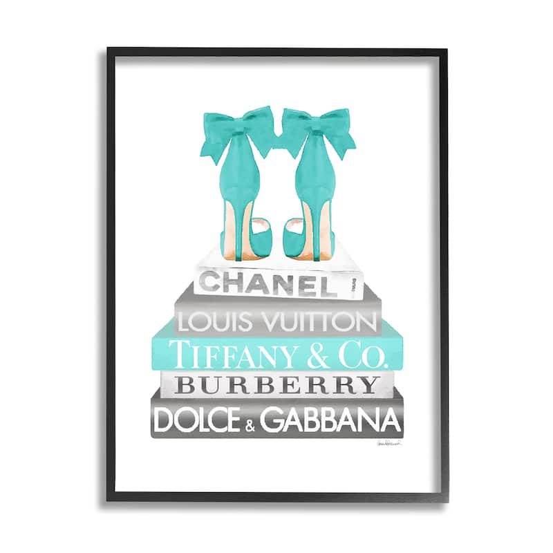 Stupell Turquoise Designer Heels on Modern Glam Bookstack Framed Wall Art - Blue - 24 x 30 - Black