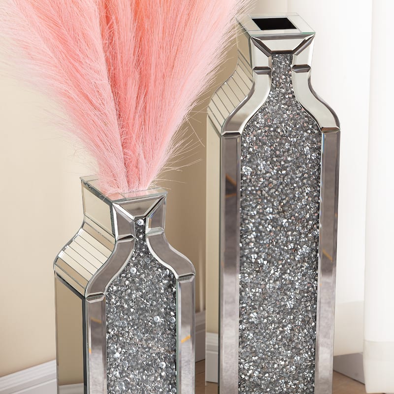 Tall Crushed Diamond Mirrored Floor Vases,Set of 2