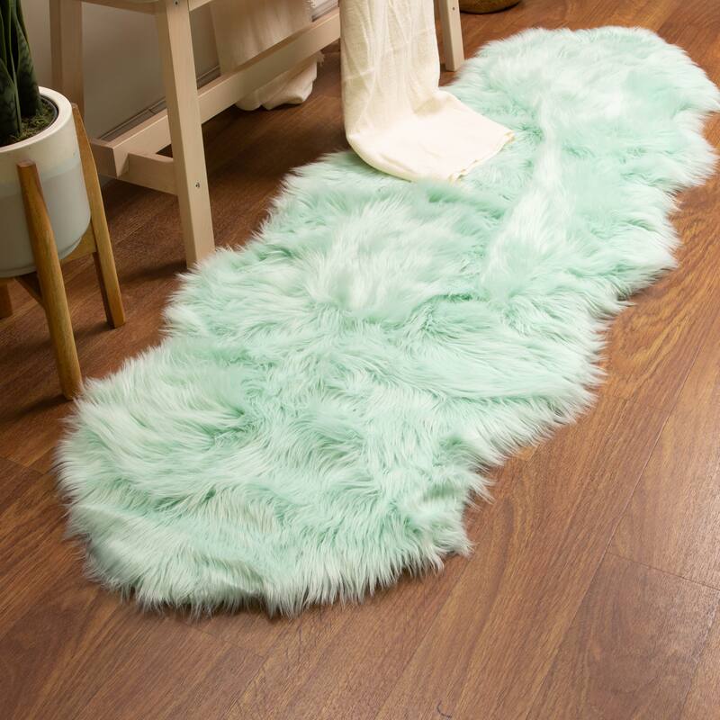 Silver Orchid Parrott Faux Fur Sheepskin Area Rug - 2' x 6' Shaped - Mint Green