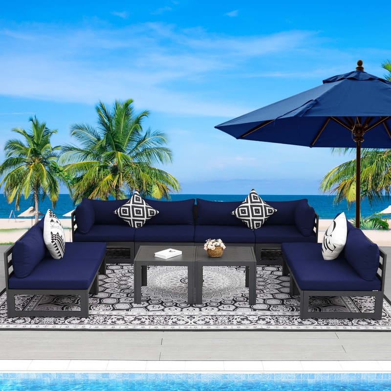 FINCATI Aluminum Outdoor Patio Furniture Conversation Sectional Sofa Set - 10 Pieces/Sectional - Navy Blue