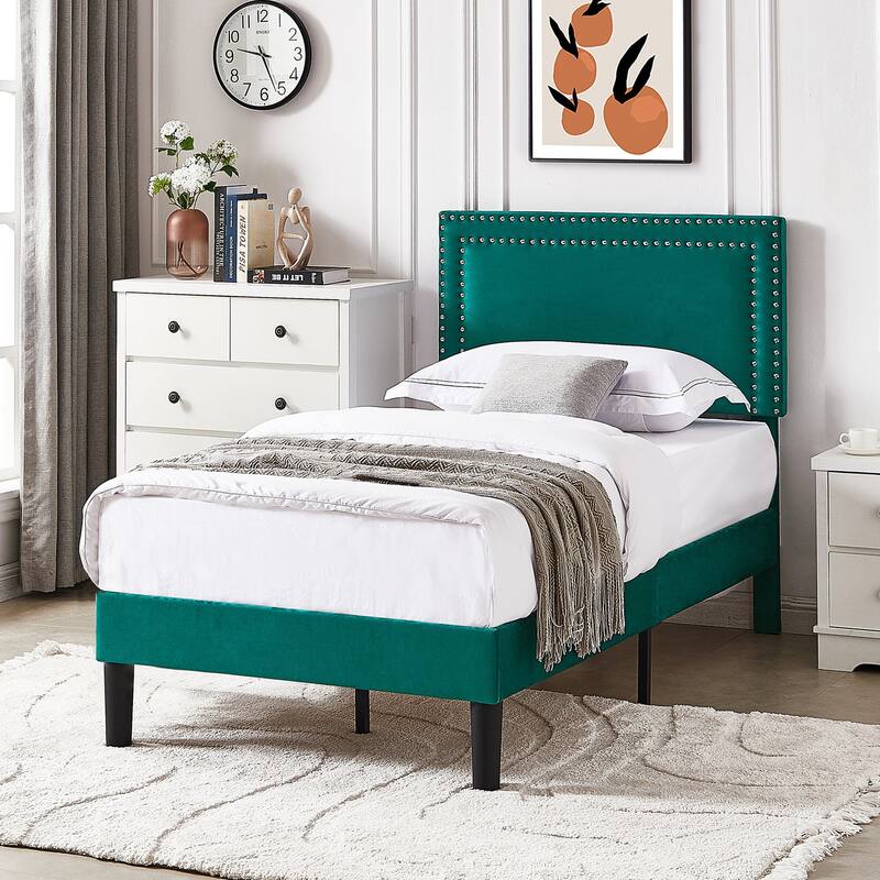 2 Pcs Upholstered Twin Size Platform Bed with Adjustable Headboard