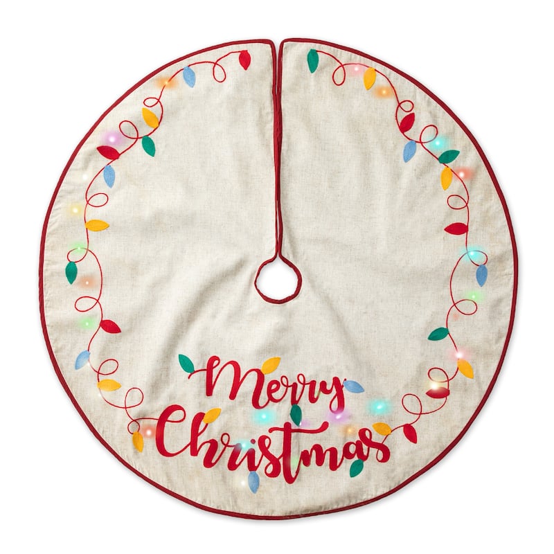 Glitzhome 48"D Pre-lit LED Embroidered Linen Merry Christmas Tree Skirt