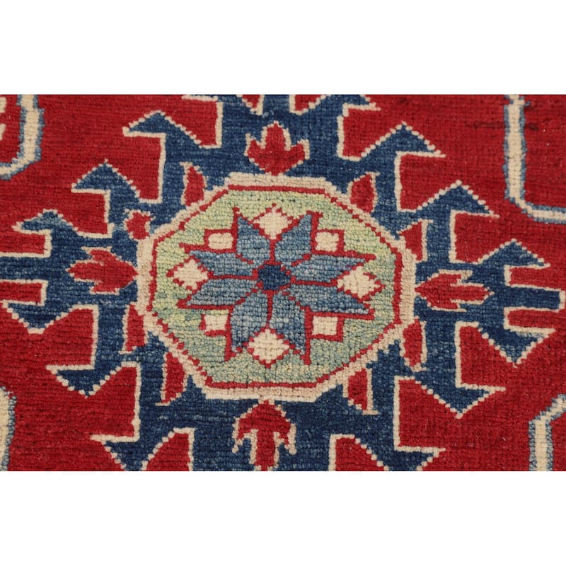 Red Geometric Kazak Accent Rug Hand-Knotted Traditional Wool Carpet - 3'5" x 4'10"