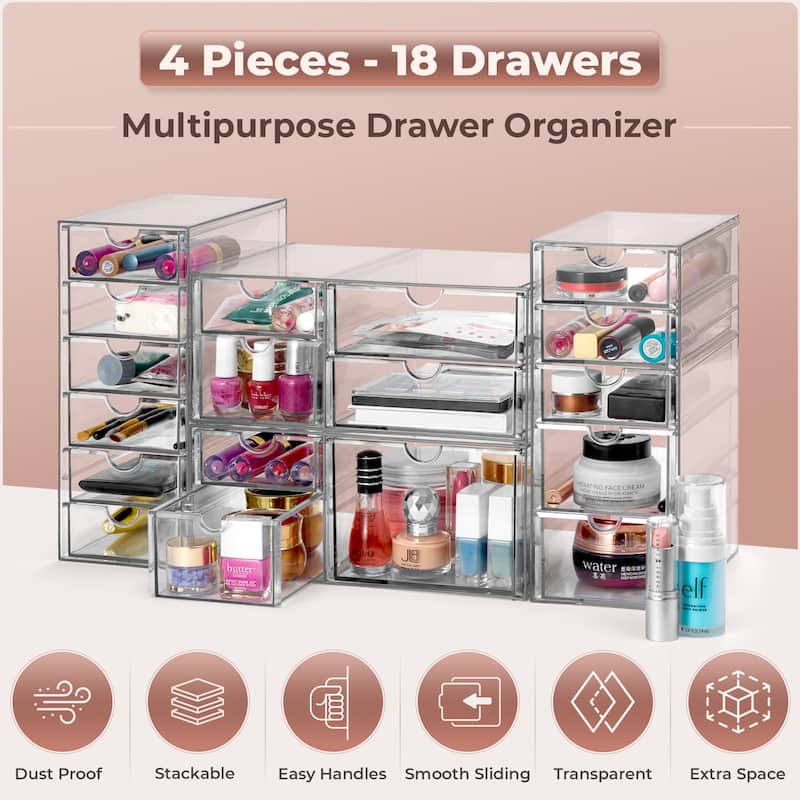 Sorbus Acrylic Cosmetic Makeup Organizer 18 Drawers Clear Stackable Storage Bins For Jewelry And Office Supplies Organizer- 4Pc