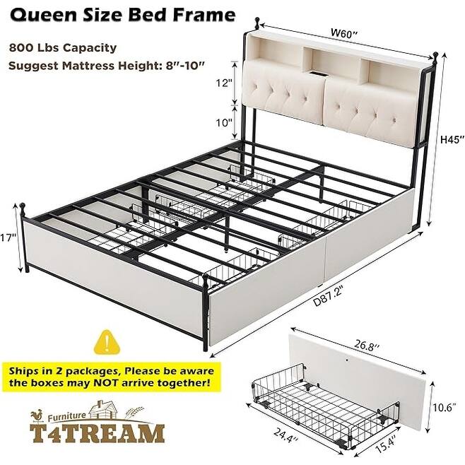 Queen Size Bed Frame with LED Lights, Charging Station and 4 Drawers