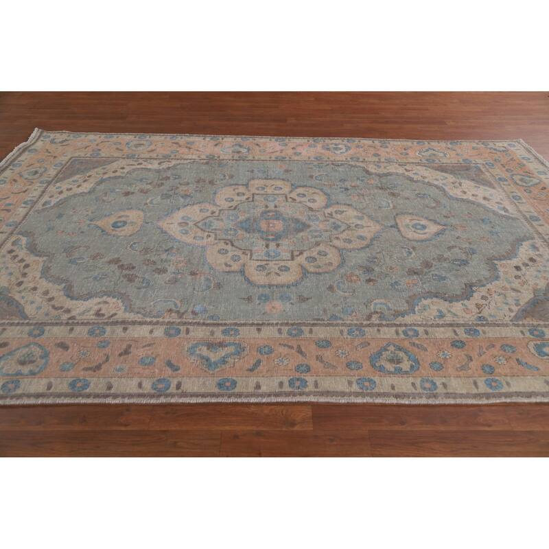 Hand Knotted Oriental 100% Wool Carpet Traditional Medallion Greys & Charcoal Tabriz Area Rug - 9' 6'' X 6' 2''
