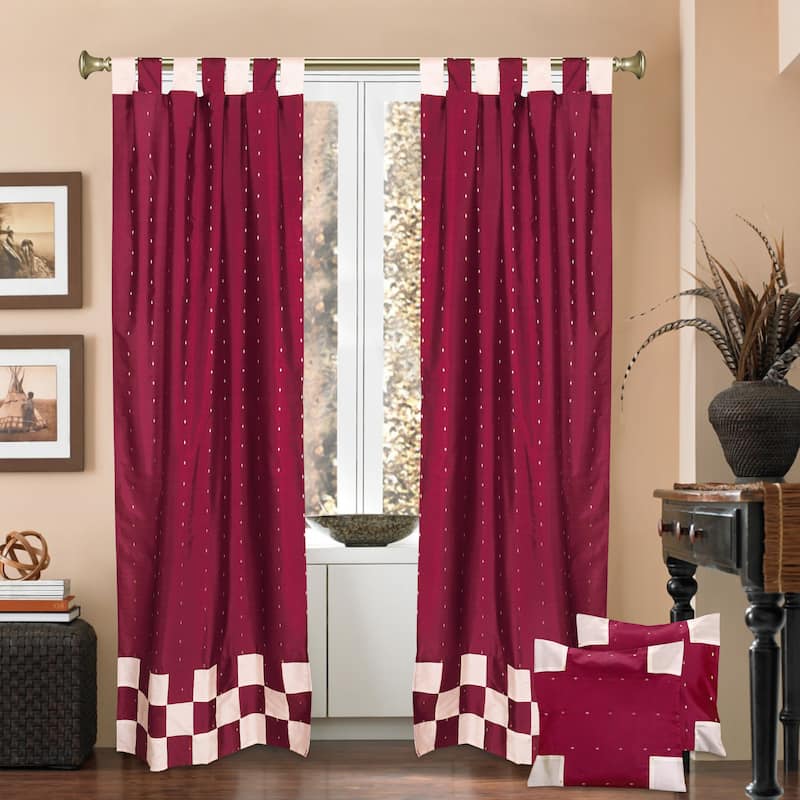 4 Pc Set Indian Sari Curtains & Cushion Covers Boho Tab Top Living Room Bedroom