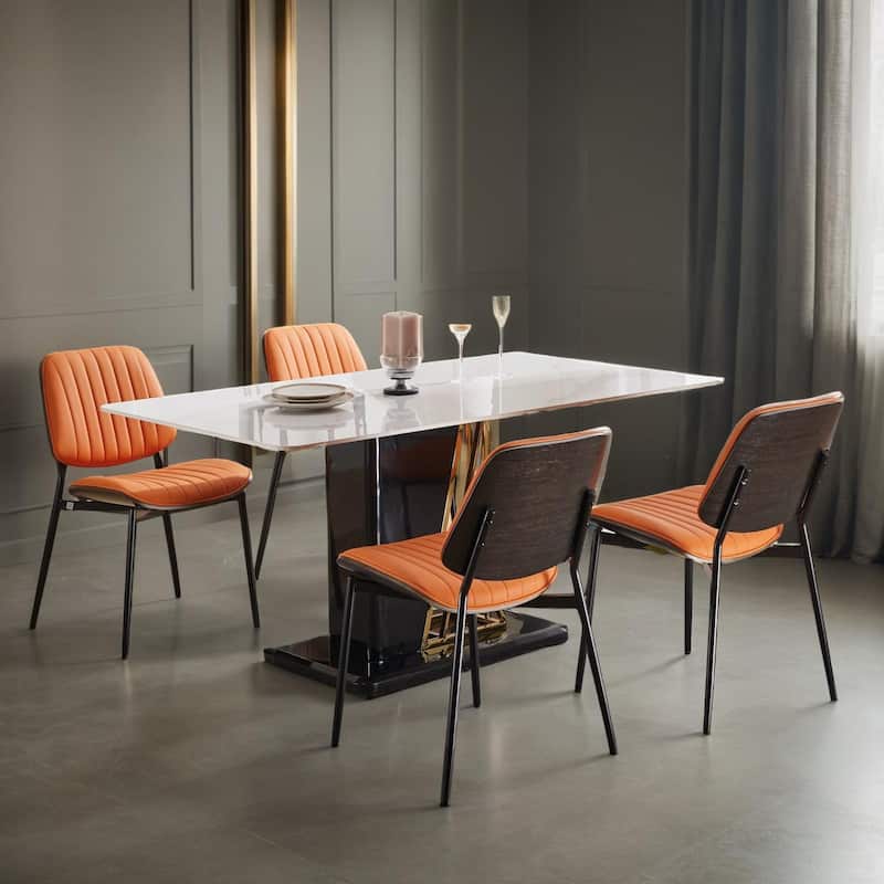 Dining Chairs Set of 2 Mid Century Faux Leather Chair with Walnut Bentwood Back Upholstered Seat Metal Legs Adjustable Foot