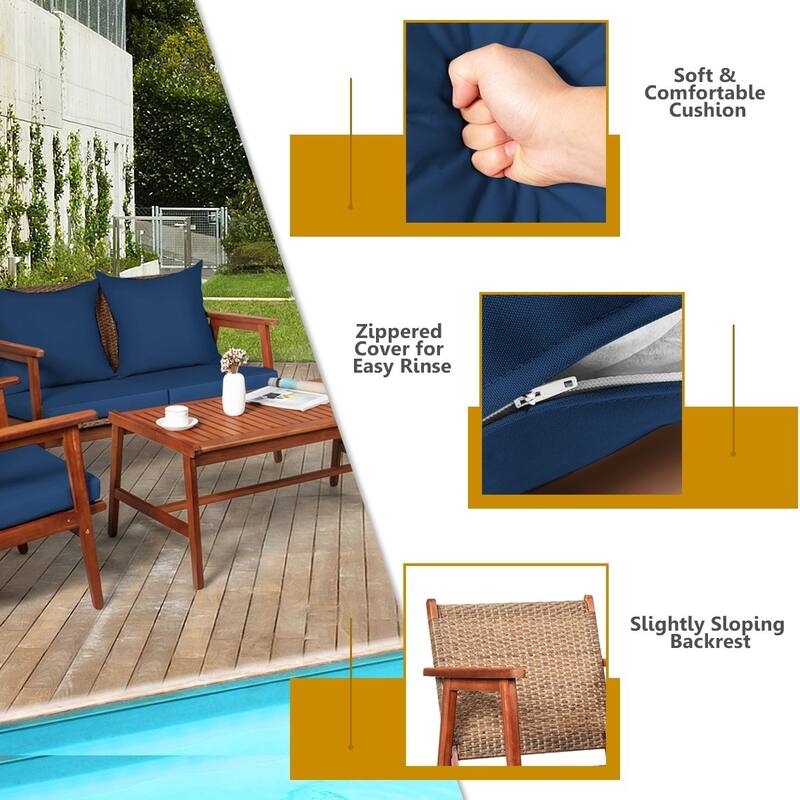 4 Piece Acacia Wood Patio Rattan Furniture Set with Cushions - 45" x 27.5"x 29.5" (L x W x H)