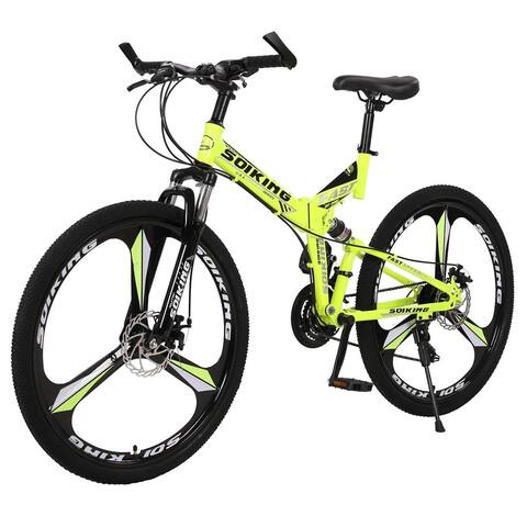 27.5in 21 Speed Folding Mountain Bike High Carbon Steel Full Suspension MTB Bicycle for Adult Double Disc Brake - 50 x 84