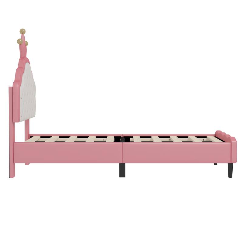 Twin Size Crown Fantasy PU Leather Princess Bed with Tufted Headboard, Pink and Cream