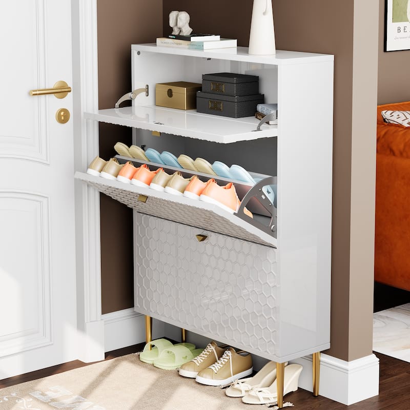 Wood 24 Pairs Shoe Storage Cabinet with 3 Flip Drawers