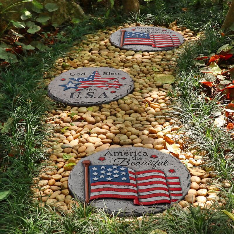 Glitzhome 4-Piece 10"D Patriotic/Americana Cement Flag and Stars Stepping Stone