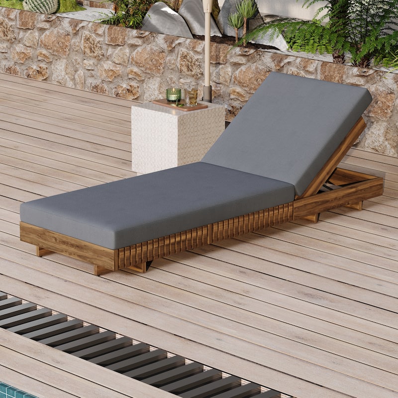 Roomfitters Acacia Wood Lounge Chaise Set with Triple-Fold Cushion and Side Tray, Outdoor Furniture - Grey
