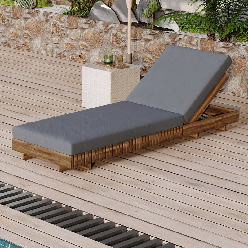 Roomfitters Outdoor Chaise Lounge with 6-Position Backrest, Acacia Solid Wood Recliner for Patio, Teak