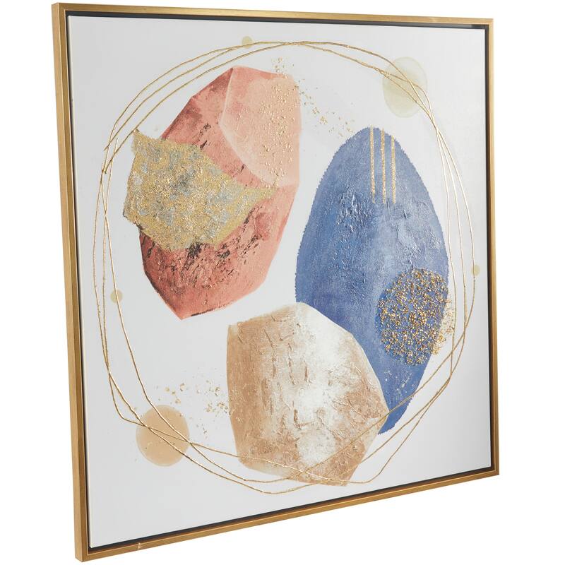 Multi Colored Canvas Handmade Overlapping Circle Abstract Framed Wall Art with Gold Frame and Gold Foil Detailing - Multi-Color