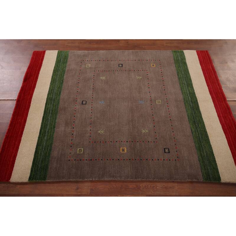 Brown Striped Gabbeh Oriental Accent Rug Handmade Wool Carpet - 3'11"x 5'7"