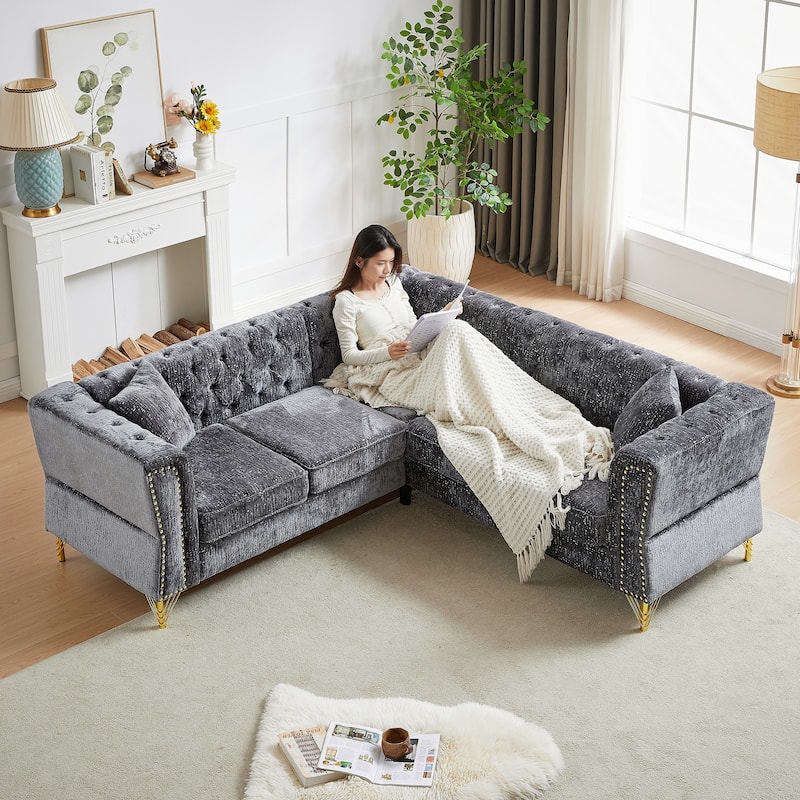 81.5-Inch Grey Chenille Corner Sofa, L-Shaped Sectional Couch with Nailhead Trim