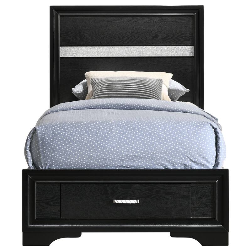Black Twin Storage Panel Bed with Integrated Drawers and Crystal Accents