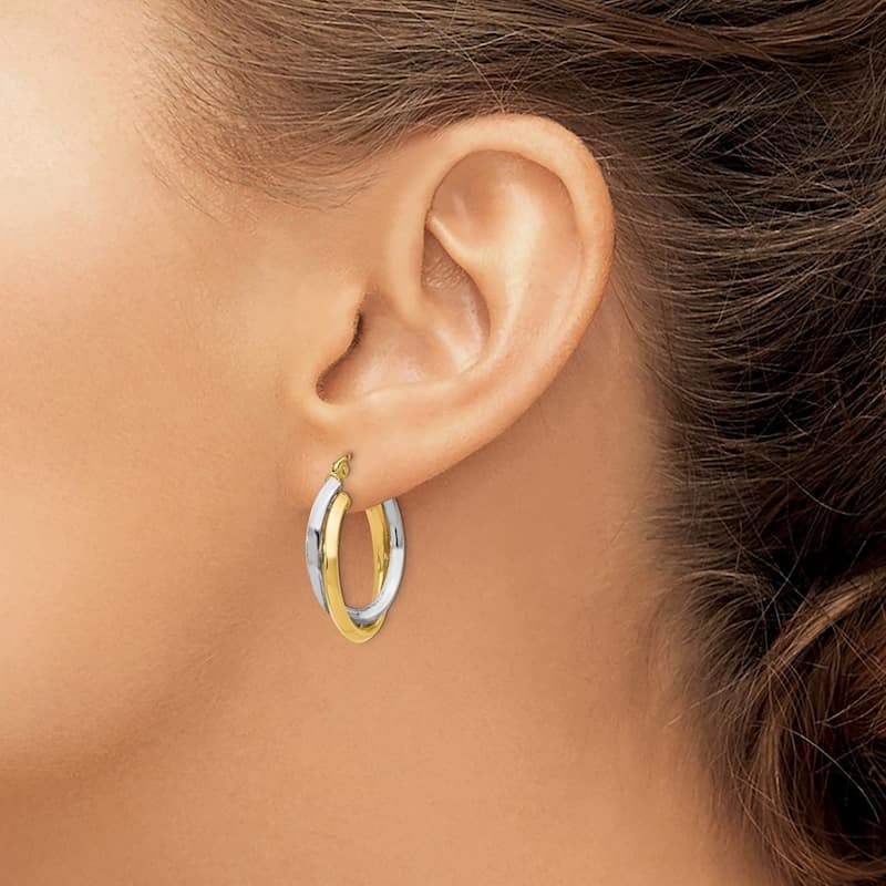 Curata 14k Two Tone Gold Polished Twisted 22x5mm Double Oval Hoop Earrings