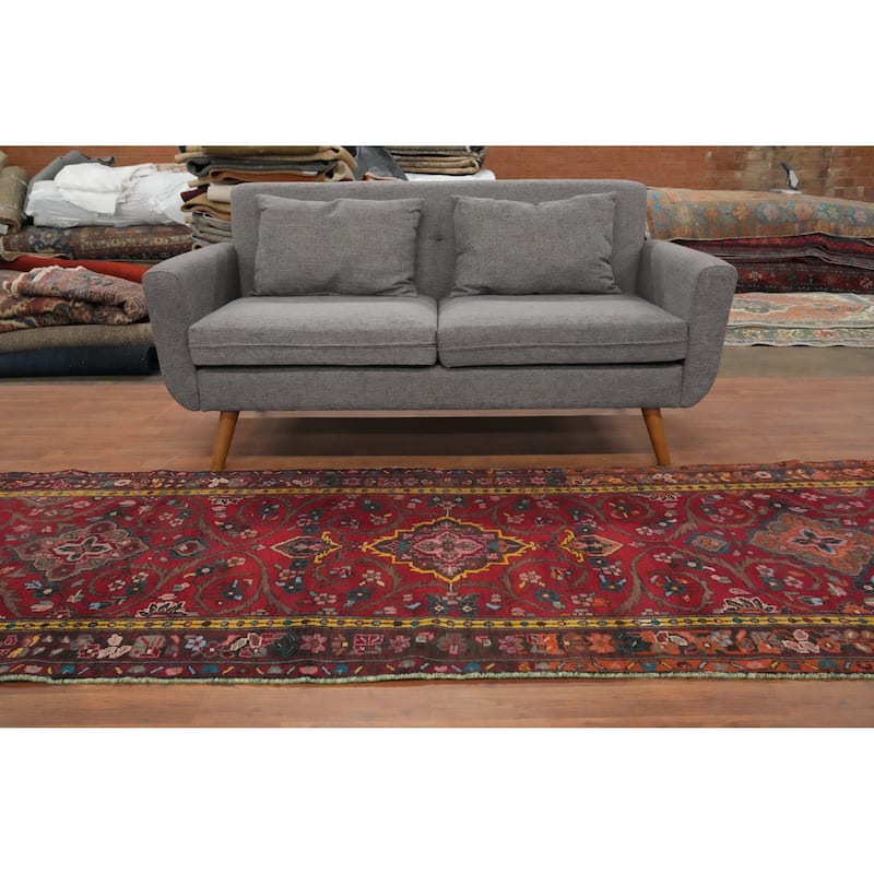 Hand Knotted Oriental 100% Wool Carpet Traditional Floral Red Tabriz Runner Rug - 10' 11'' X 3' 4''