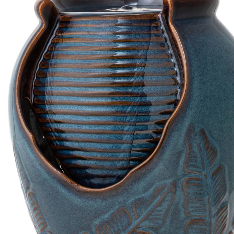 Glitzhome Leaf Textured Ceramic Jar Indoor Tabletop Water Fountain with LED Lights
