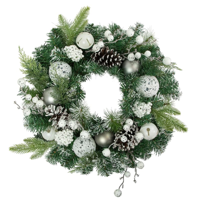 Green Pine Frosted Artificial Christmas Wreath Laced Ornaments 24"