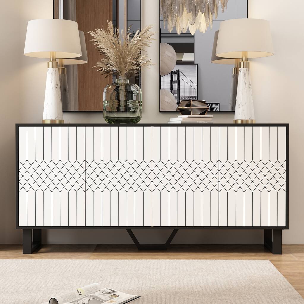 Modern 4 Door Bookmatch Buffet 63inch Black White End Table Sideboard