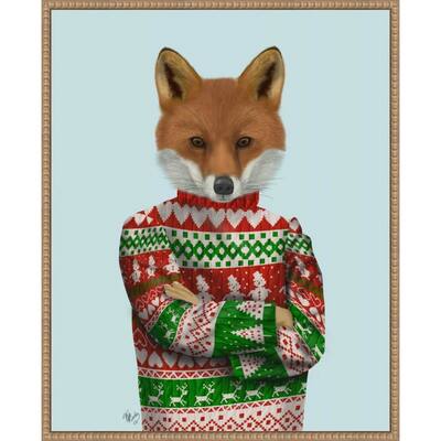 Fox in Christmas Sweater by Fab Funky (23 x 28 in.), Framed Canvas Wall Art Print - Sylvie Beaded Rustic Natural