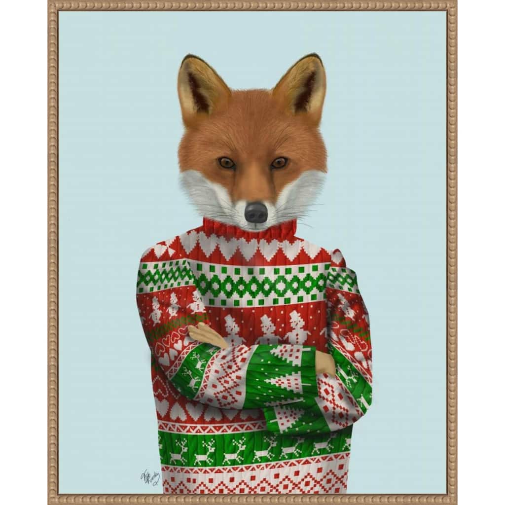 Fox in Christmas Sweater by Fab Funky (23 x 28 in.), Framed Canvas Wall Art Print - Sylvie Beaded Rustic Natural