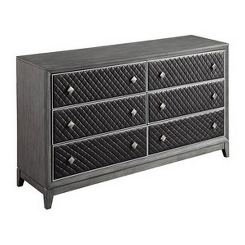 Stacy 64 Inch Dresser, 6 Faux Leather Upholstered Drawers, Gray Wood