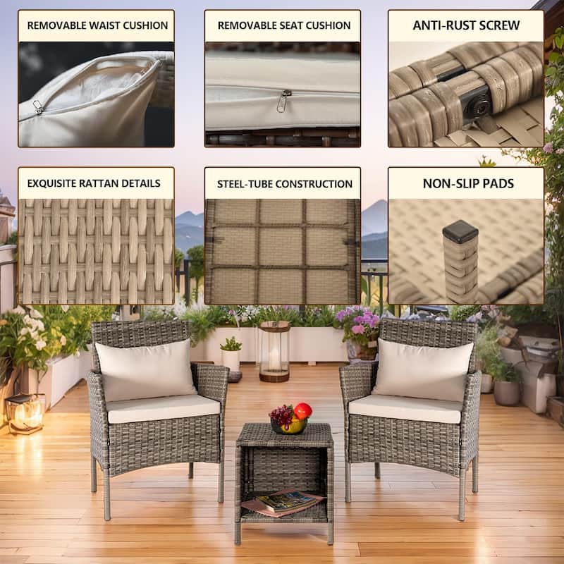 3 Piece Patio Conversation Bistro Set, Porch Balcony Furniture Set Outdoor Chat Furniture, Wicker Chairs and Storable Table Set
