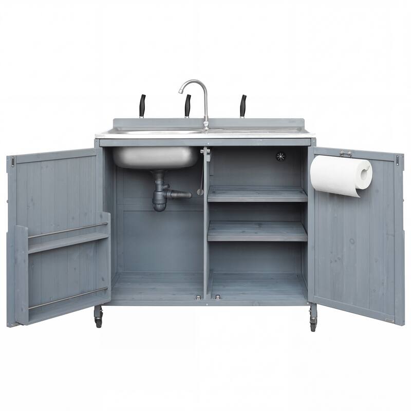 39.4" Outdoor Kitchen Island with Sink, Outdoor Kitchen Sink Station w/ 304 Stainless Steel Sink, Hose Hook Up & Faucet